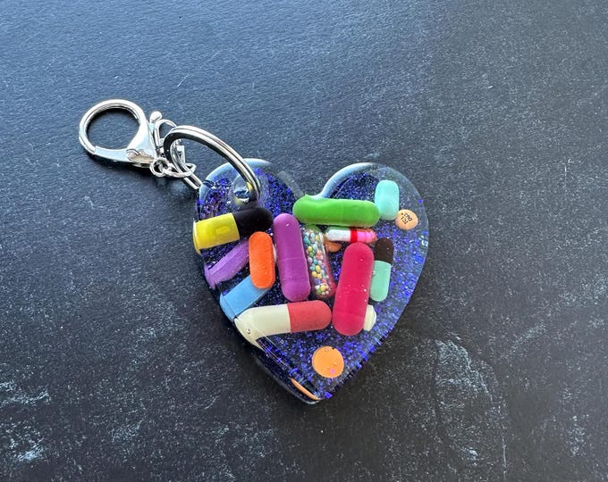 Heart Chill Pill Keychain - Purple Glitter