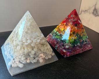 One & Done - White or Rainbow Pill Paperweight Pyramid - 6"