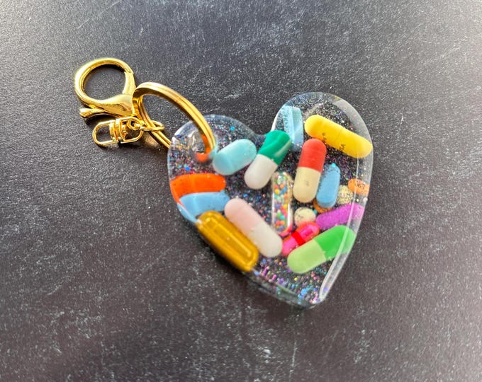 Heart Chill Pill Keychain - Multi Glitter