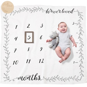 Organic Baby Monthly Milestone Blanket - Forever Loved Months Blanket Neutral with Month Marker - Baby Girl or Boy - 1-12 Months Milestones