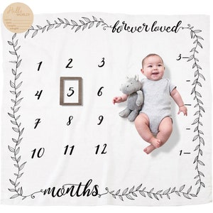 Organic Baby Monthly Milestone Blanket - Forever Loved Months Blanket Neutral with Month Marker - Baby Girl or Boy - 1-12 Months Milestones