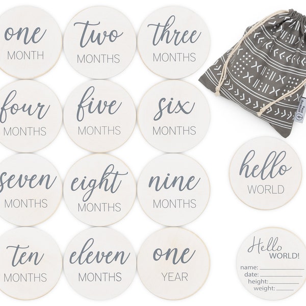 Natural Baby Milestone Discs - White Stain Wood Milestone Disc Set with Bag and Hello World Announcement Card - 13 Wooden Milestones Cards