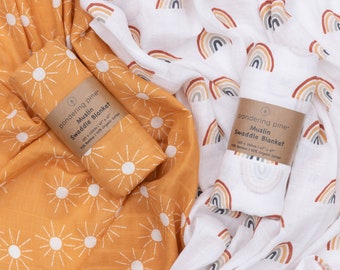 Organic Muslin Swaddle Blanket 2-Pack: Boho Sun & Rainbow Design