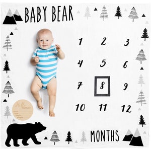 Organic Baby Monthly Milestone Blanket Boy - Baby Bear Months Blanket with Month Frame, Newborn to 12 Months Milestones, Baby Shower Gift