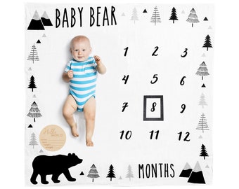 Organic Baby Monthly Milestone Blanket Boy - Baby Bear Months Blanket with Month Frame, Newborn to 12 Months Milestones, Baby Shower Gift