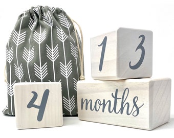 Natural Baby Milestone Blocks for Boy or Girl - Modern White Pine Wood with Weeks Months Years Grade Age Block Set + Bag, Baby Shower Gift