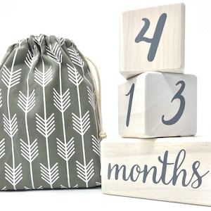 Natural Baby Milestone Blocks for Boy or Girl - Modern White Pine Wood with Weeks Months Years Grade Age Block Set + Bag, Baby Shower Gift