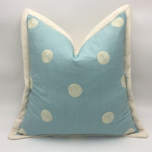 20x20 Square Fancy Polka Dot Linen Blue and Cream Flange Pillow Covers
