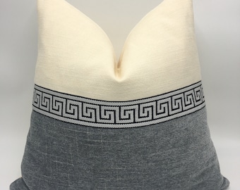 Gray and Cream Greek Key Custom Pillow with Decorative Trim Pillow Covers Only