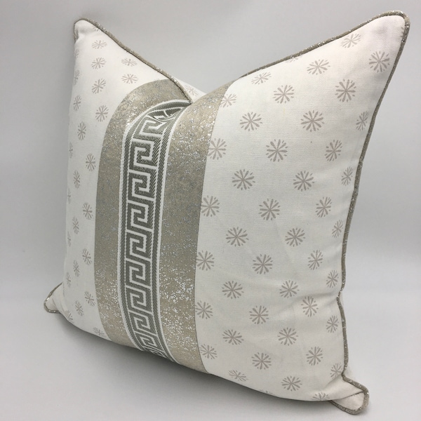 Kravet Nate Berkus White and Gray Snowflake Print with Greek Key Trim and Piping Covers Only