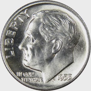 May include: A silver 1955 dime featuring a profile of Franklin D. Roosevelt. The coin has the word "LIBERTY" at the top and "IN GOD WE TRUST" at the bottom. The year "1955" is visible on the right side of the coin.