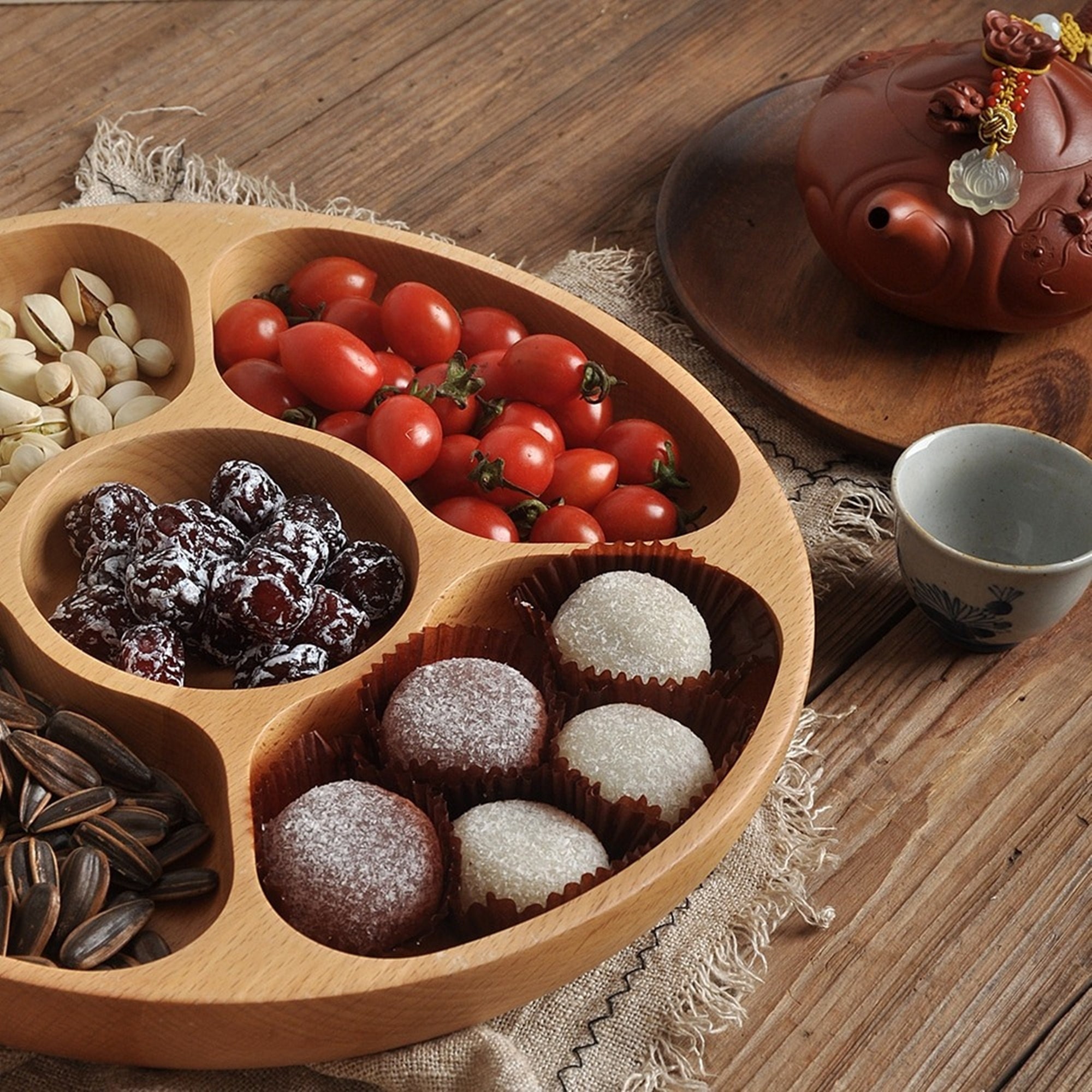 Round Divided Snack Tray Wood Appetizers Serving Dish Etsy