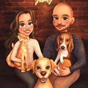 Ritratto di Famiglia Personalizzato in Stile Cartone Animato – Illustrazione Digitale su Misura con Animali, Idea Regalo Divertente