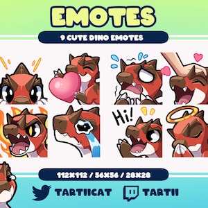 Può includere: Nove emoji animati di dinosauri rossi con diverse espressioni, tra cui cuori, fuoco, lacrime e un'aureola. Gli emoji sono disposti in una griglia con il testo "9 CUTE DINO EMOTES" sopra la griglia e "112x112 / 56x56 / 28x28" sotto la griglia. Il testo "TARTIICAT" e "TARTII" si trova sotto la griglia con un uccello di Twitter e un logo di Twitch accanto al testo.