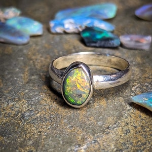 Dark Australian Opal Ring from Australia in 925 Silver, Size 56, 7.5 US, Minimalist Style