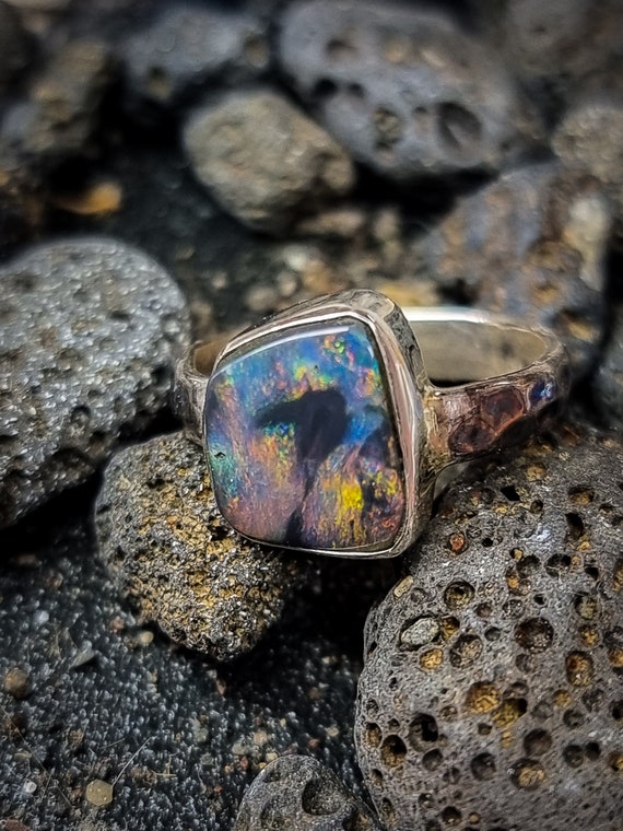 Bague en argent 925 avec opale noire d Australie taille 46 FR 3.75 US. Etsy France