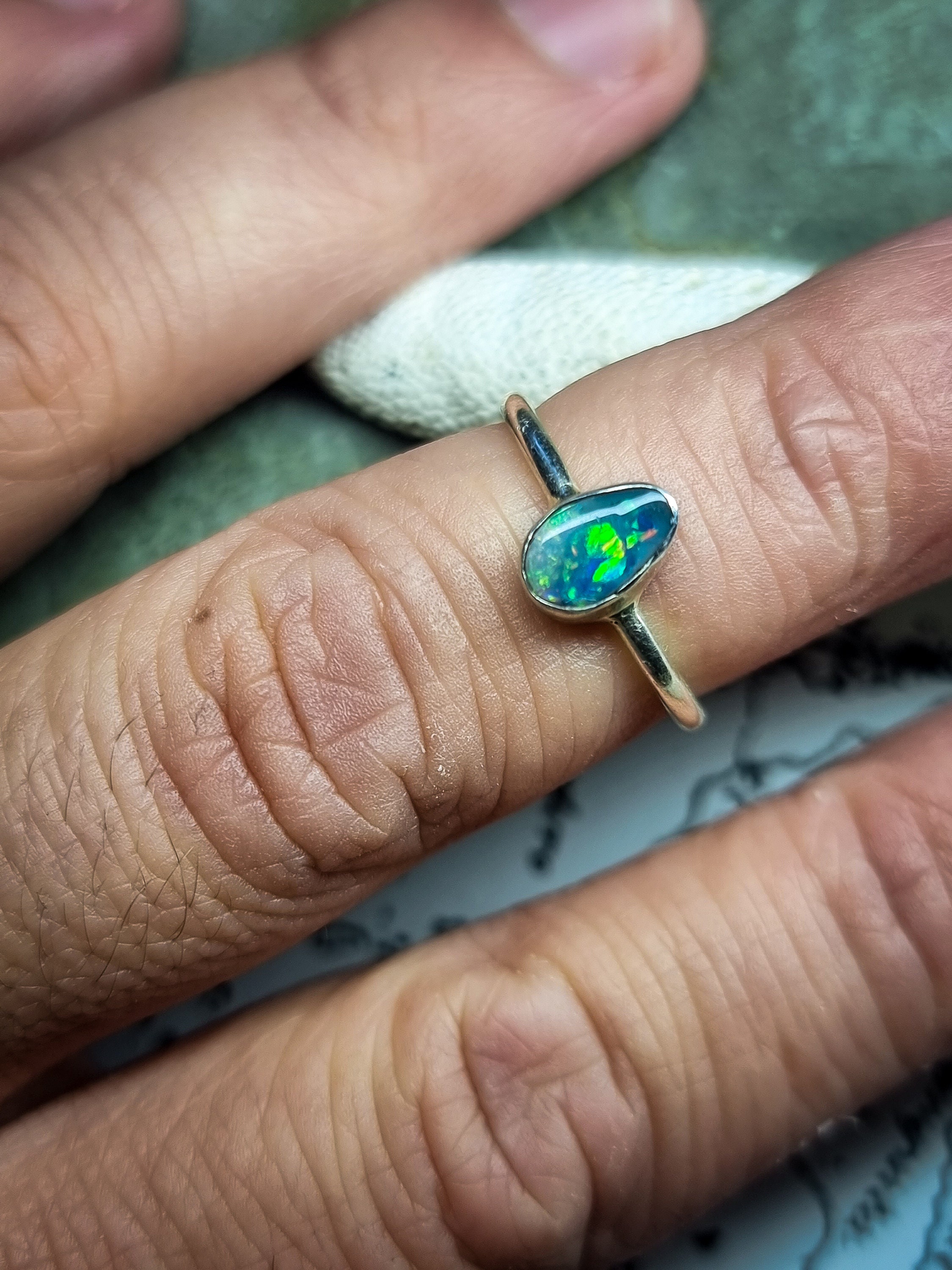 Australian Black Opal Ring (lightning Ridge), 925 Silver, Size 54