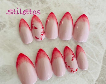 Nezuko Stiletto Pink Ombre Demon Slayer Inspired Press On Etsy