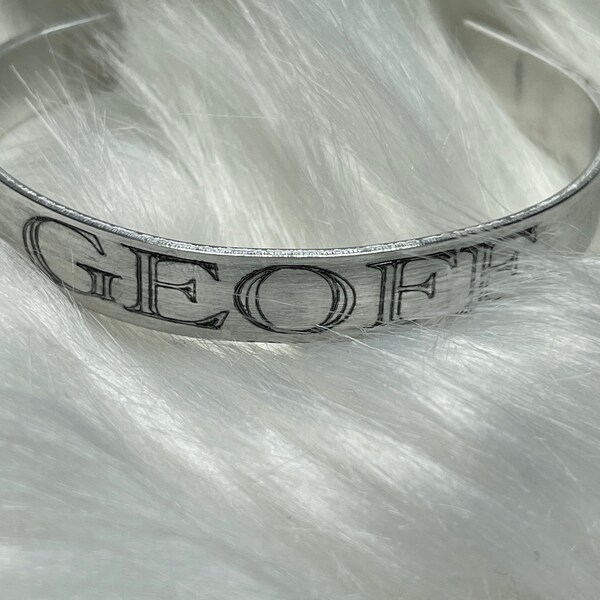 Geoff aluminum cuff bracelet, Obitchuary podcast bracelet, Proud Geoff Bracelet, Madison and Spencer bracelet, Geoff, True Crime