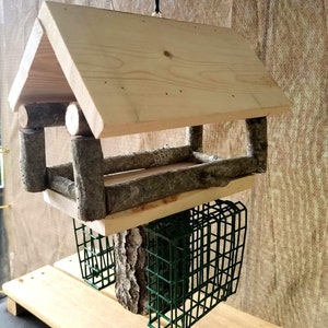 Wild Bird Food Court, Double Suet Feeder & Covered Seed Tray Feeder, Bird Feeder, Bark, Wooden Suet Bird Feeders, 3 in 1 Bird Feeder