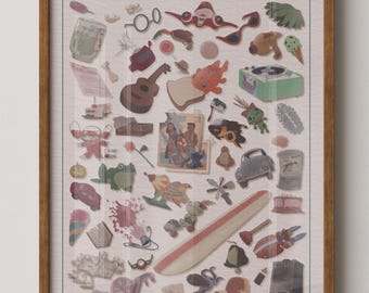 Puede incluir: Una impresión enmarcada titulada "HAWAII ESSENTIALS" con varios iconos ilustrados. La obra de arte incluye un ukelele, una tabla de surf, un tocadiscos y otros objetos de temática hawaiana en un estilo colorido y caprichoso.