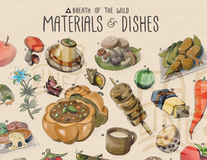 Puede incluir: Ilustraci&oacute;n en acuarela con varios alimentos de "Breath of the Wild". Incluye una manzana, setas, un postre de crema, un plato de setas, una sand&iacute;a y una taza de leche. El texto "MATERIALS & DISHES" est&aacute; en la parte superior.
