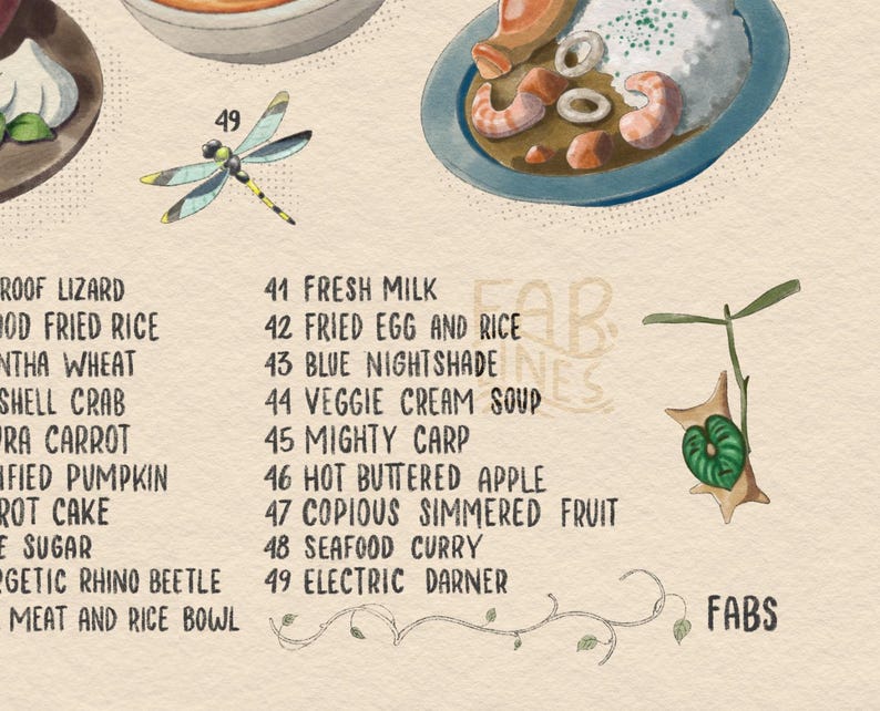 Puede incluir: Ilustraci&oacute;n en acuarela con una lib&eacute;lula, platos y un men&uacute;. La lib&eacute;lula es azul claro, amarilla y negra. El men&uacute; incluye platos como huevo frito con arroz, curry de mariscos y sopa crema de verduras.