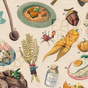 Puede incluir: Ilustraci&oacute;n en acuarela de varios alimentos, incluyendo un cangrejo, una bellota, una zanahoria, una calabaza y un tarro de leche. La imagen tiene un estilo vintage, dibujado a mano, con colores y texturas suaves, sugiriendo un tema culinario o educativo.