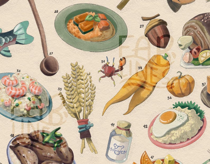 Puede incluir: Ilustraci&oacute;n en acuarela de varios alimentos, incluyendo un cangrejo, una bellota, una zanahoria, una calabaza y un tarro de leche. La imagen tiene un estilo vintage, dibujado a mano, con colores y texturas suaves, sugiriendo un tema culinario o educativo.