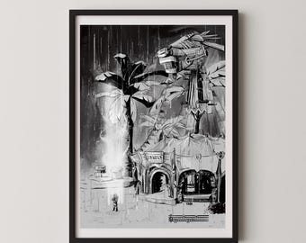 Puede incluir: Lámina artística en blanco y negro enmarcada que representa una estructura arquitectónica fantástica con palmeras y una pequeña figura. La obra de arte tiene un estilo ilustrativo detallado, con un enfoque en el sombreado y la textura. La palabra "CASTLE" es visible.