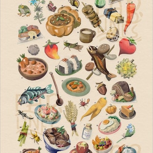 Puede incluir: Ilustraci&oacute;n en acuarela de varios alimentos e ingredientes, incluyendo manzanas, setas y pescado. La imagen est&aacute; etiquetada como "Materiales y platos" y presenta una variedad de platos e ingredientes.