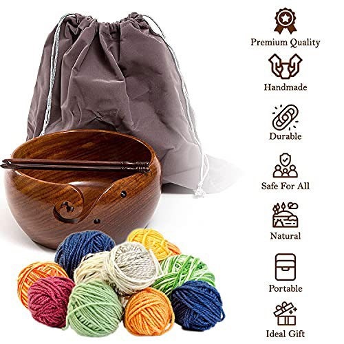Yarn Bowl With Lid, Large Handmade Yarn Holder for Crocheting, Knitting Bowl  for Knitters With Wooden Crochet Hook, and Travel Bag Gift 