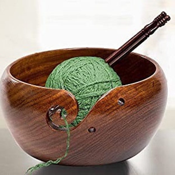 Wooden Yarn Bowl, 8 x 4 Inch Handmade Yarn Holder for Crocheting, Knitting Bowl for Knitters with Wooden Crochet Hook and Travel bag Gift