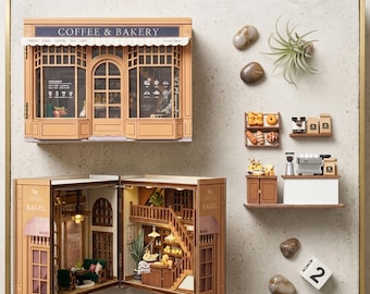 DIY miniatyrkaffe- och bagerikit | Miniatyrkonditori | Miniatyrkaffehus, present till vänner | Rumsleksaker med möbelbelysning