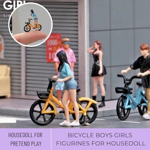 Ciclistas en miniatura, niños y niñas en bicicleta en miniatura 1/64, ciclistas en miniatura, escena de bicicletas en miniatura