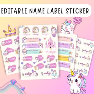 May include: A selection of editable name label stickers with unicorn and castle designs. The stickers display the names "Evelyn" and "Evelyn Morgan". The background is a gradient of pink and white. The stickers are in various shapes and sizes.