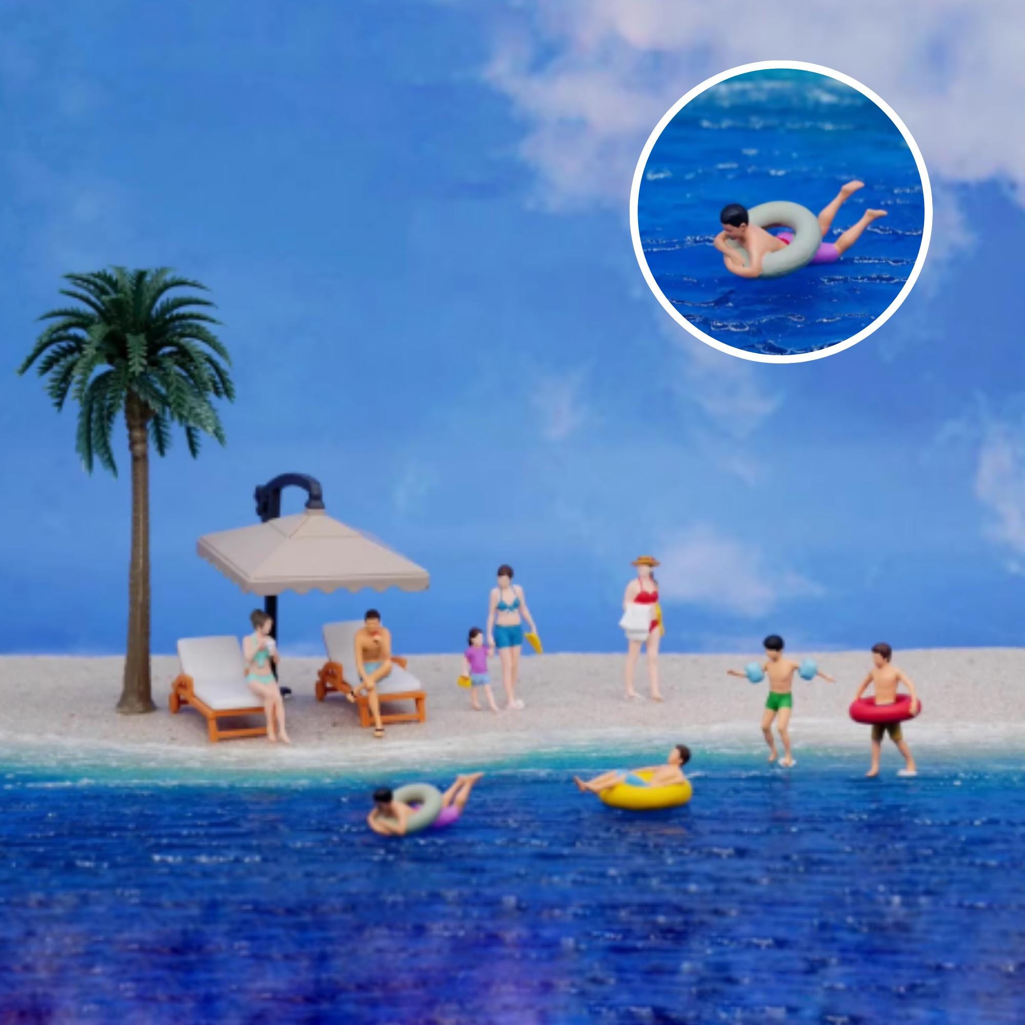 Miniature People at the Beach, Swimming Miniature Figures 1/64, Beach Miniatures Figures Set, Summer Vacation Figurine, Sunbathers Figurines