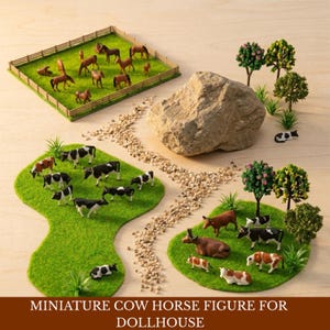 Caballos y vacas en miniatura en el prado / Figuritas realistas de vacas de granja para dioramas, jardines de hadas, escenas, granjas en miniatura y decoración de escritorio.