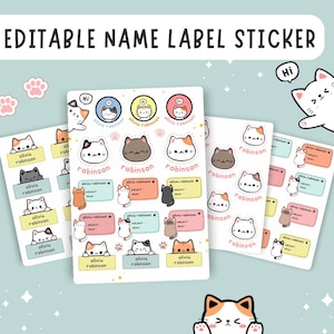 Sticker Name Labels For School, Cute Kitten Labels Name Sticker, Cat Sticker Name Tags, Sticker Name Labels Printable, Editable Labels Name