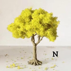 Puede incluir: Un peque&ntilde;o &aacute;rbol artificial amarillo con un tronco y ramas marrones. El &aacute;rbol est&aacute; sobre una superficie blanca con algunas hojas amarillas esparcidas a su alrededor. La letra "N" es visible en la esquina inferior derecha de la imagen.