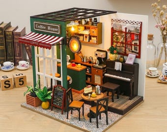 Diy Miniature Coffee Shop Kit | Miniature Coffee House With Piano | Miniature Cafe Kit for Gift | Magasin De Café Miniature | Gifts for Her