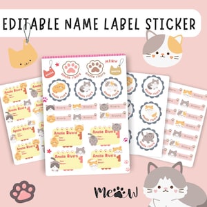 Sticker Name Labels For School, Kitty Labels Name Sticker, Cat Sticker Name Tags Labels, Sticker Name Labels Printable, Editable Labels Name