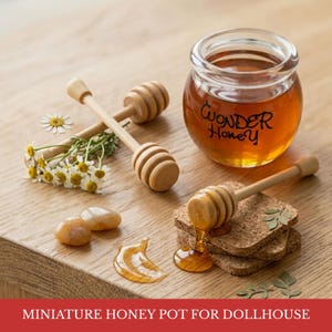 May include: A miniature glass honey jar with the text "Wonder Honey" and two wooden honey dippers. The honey is dripping from one dipper onto a stack of cork coasters. A sprig of chamomile flowers and small stones are also present.