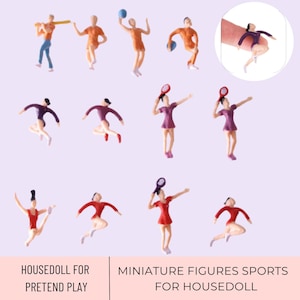 May include: A set of miniature plastic figures depicting people playing various sports, including tennis, volleyball, gymnastics, and basketball. The figures are colourful and detailed, and they are perfect for adding a touch of realism to dollhouses or playsets.