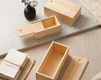 Pine Wooden Storage Box Sliding Lid | Pull Out Drawer Organizer | Natural Wood Small Storage Organizer | Rustic Desk Box Storage Container