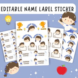 Sticker Name Labels For School, Cute Girl Labels Name Sticker, School Sticker Name Tags, Sticker Name Labels Printable, Editable Labels Name