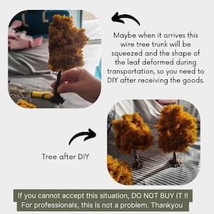 Puede incluir: Dos &aacute;rboles en miniatura de musgo con troncos de alambre. Los &aacute;rboles se muestran antes y despu&eacute;s de ser moldeados. El texto "Tree after DIY" es visible en la imagen. El texto "If you cannot accept this situation, DO NOT BUY IT!! For professionals, this is not a problem. Thankyou" tambi&eacute;n es visible en la imagen.
