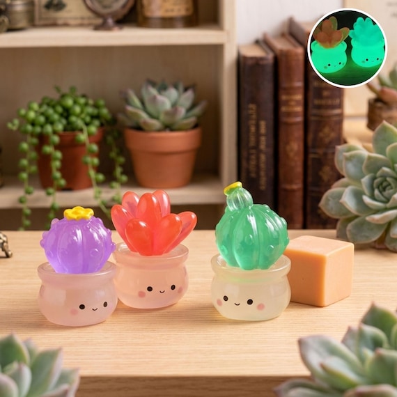 Luminous Resin Cactus Figurine | Glow in the Dark Mini Plant Decor | Dollhouse, Fairy Garden, Diorama, Terrarium & Desk Decor | Gift for Her