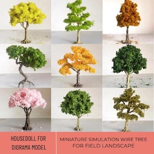 Könnte beinhalten: Sortiment an Miniatur-Drahtbäumen in verschiedenen Farben und Stilen, darunter Grün, Gelb, Orange, Rosa und Braun. Diese Bäume sind perfekt, um Modellbahnanlagen, Dioramen und anderen Bastelprojekten einen Hauch von Natur zu verleihen.