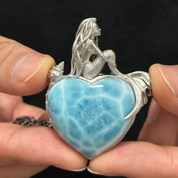 Handmade Larimar Mermaid Pendant: S925 Sterling Silver Heart